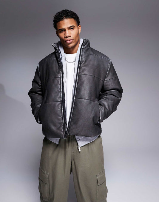 Washed Faux Leather Puffer Jacket