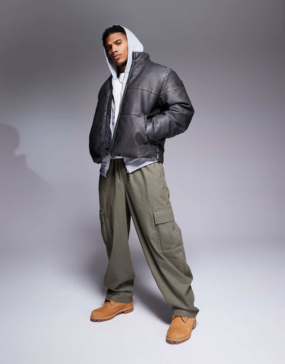 Washed Faux Leather Puffer Jacket