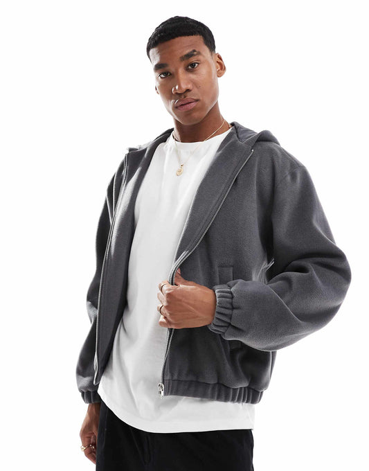 Wool Look Bomber Jacket With Hood