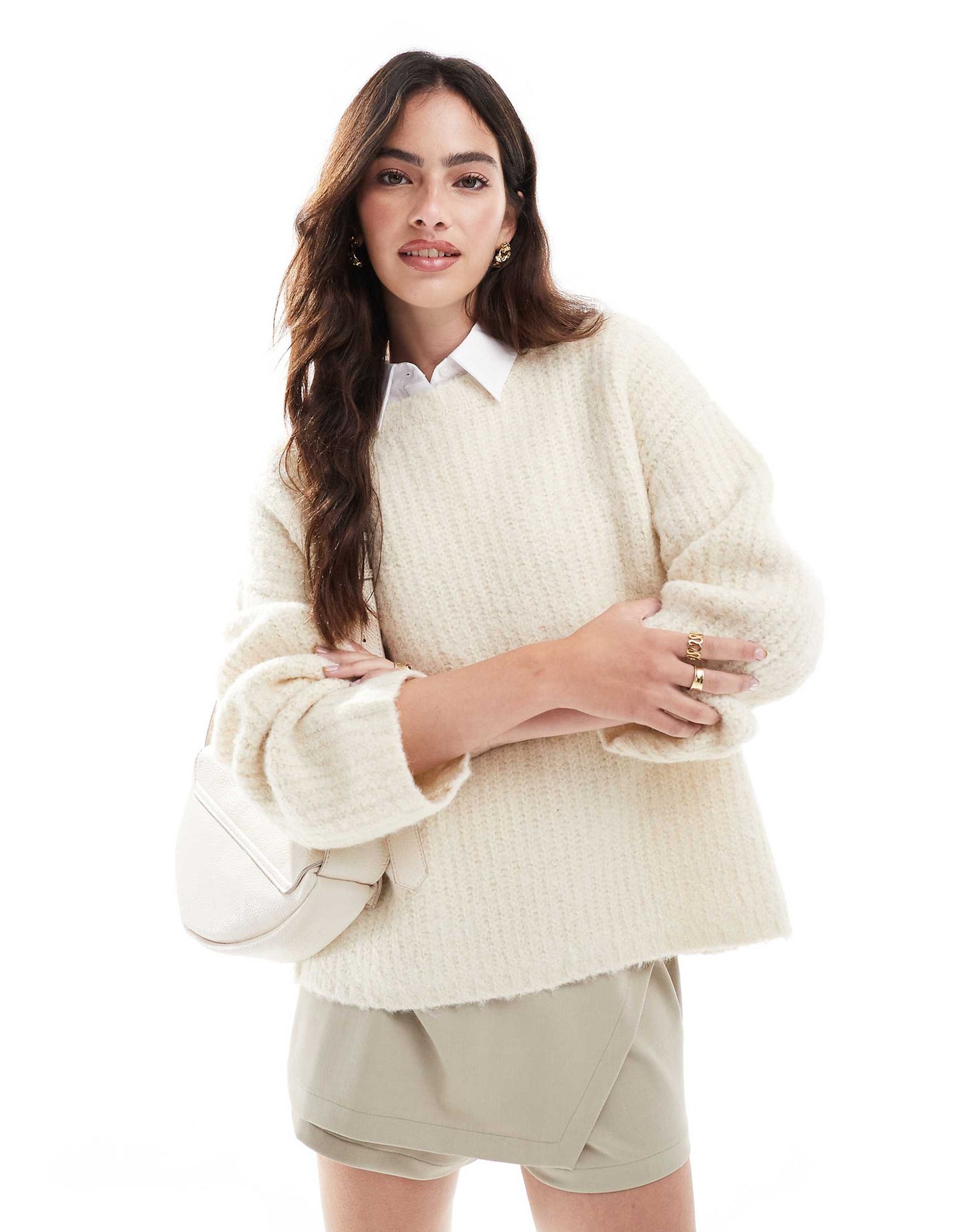 Wool Mix Textured Rib Wide Sleeve Jumper