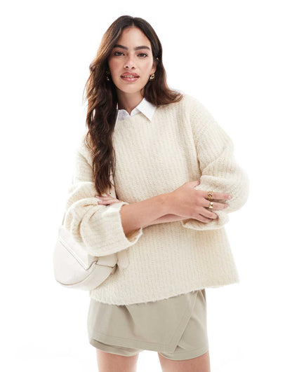 Wool Mix Textured Rib Wide Sleeve Jumper