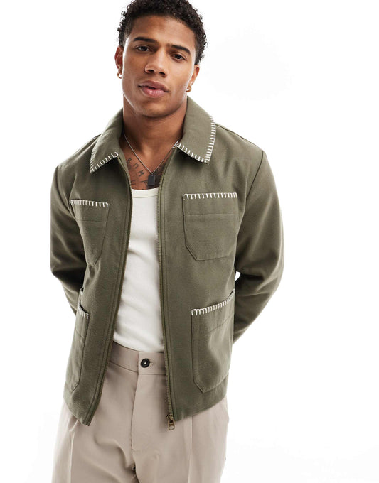 Wool Look Harrington Jacket With Blanket Stitch