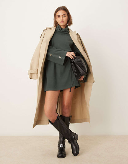Supersoft High Neck Button Sleeve Shift Mini Dress