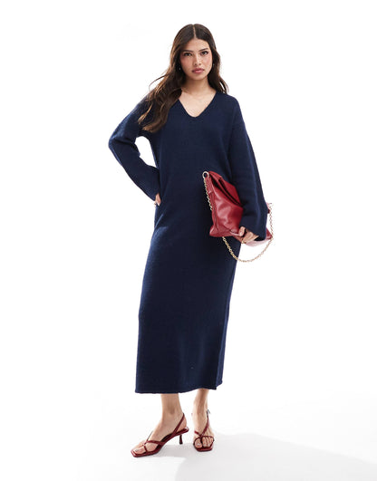 Wool Mix Fluffy Knit V Neck Maxi Jumper Dress