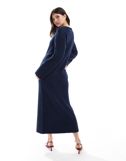 Wool Mix Fluffy Knit V Neck Maxi Jumper Dress