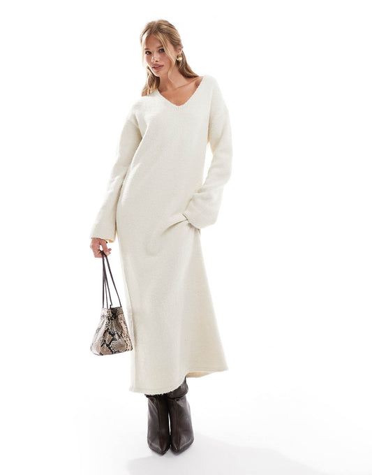 Wool Mix Fluffy Knit V Neck Maxi Jumper Dress