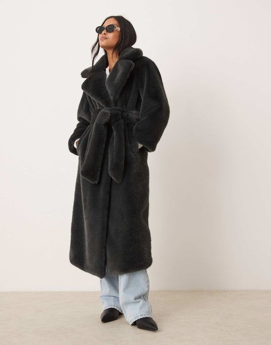 Petite Longline Belted Faux Fur Coat