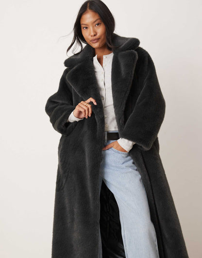 Petite Longline Belted Faux Fur Coat