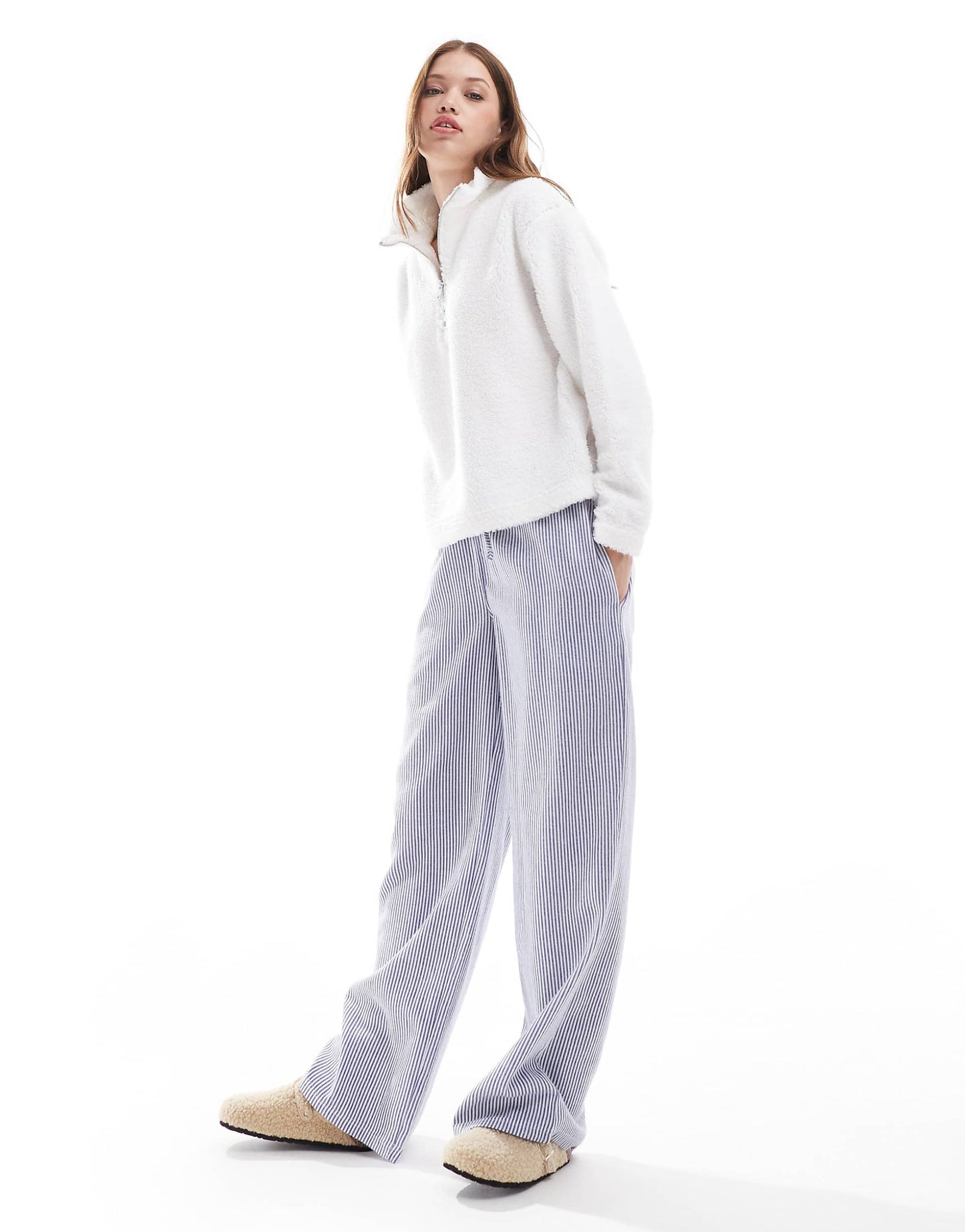 Striped Trouser Lounge Set With Borg Quarter Zip