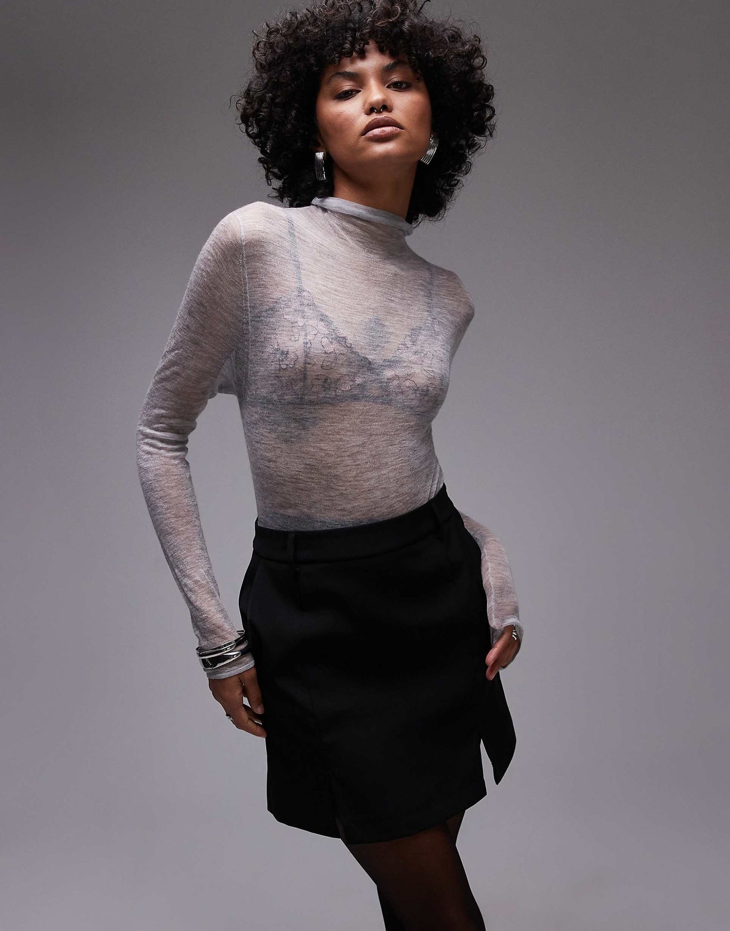 Premium Knitted Sheer Cashmere Grown On Neck Top