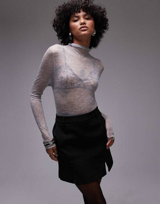 Premium Knitted Sheer Cashmere Grown On Neck Top