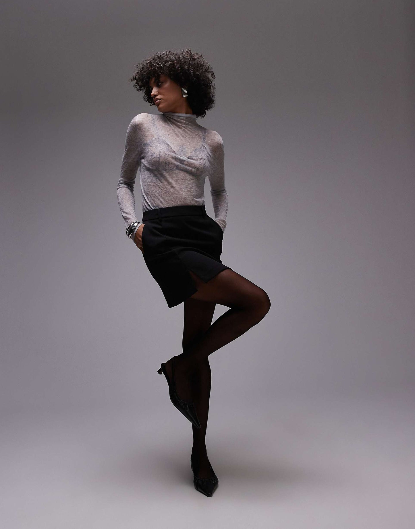Premium Knitted Sheer Cashmere Grown On Neck Top