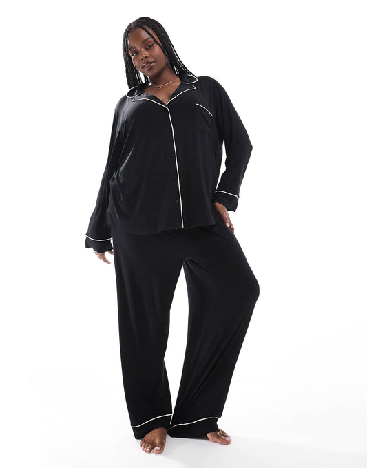 Curve Super Soft Long Sleeve Shirt & Trouser Pyjama Set With Contrast Piping