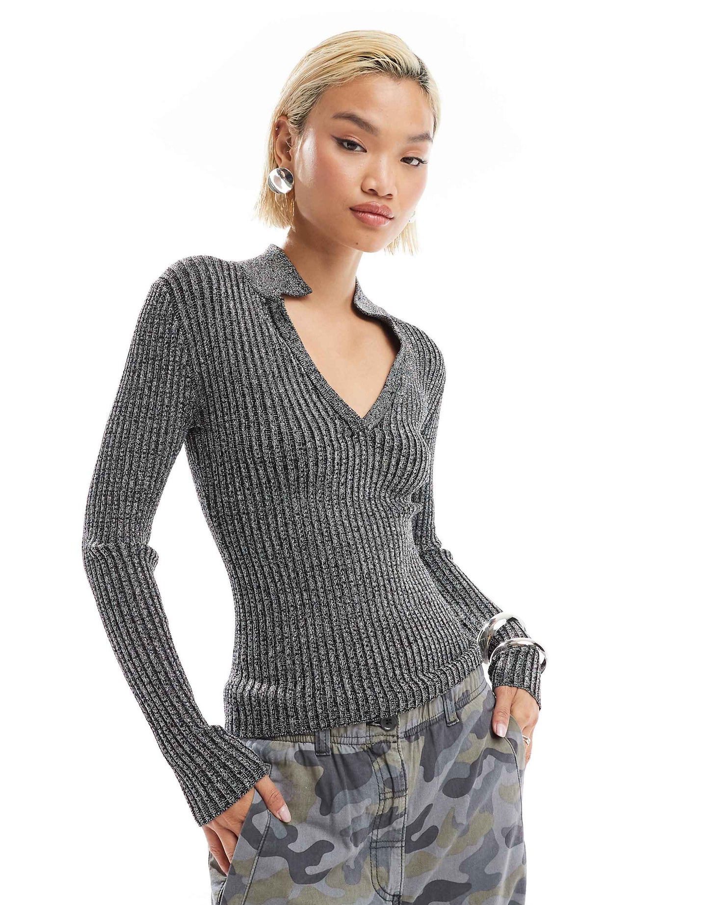 Shimmer Knitted V Neck Collar Top