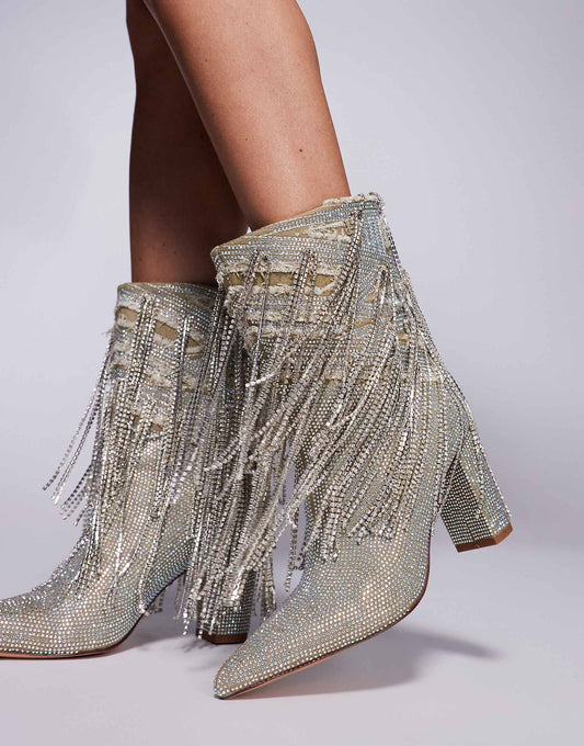 Relentless Embellished Fringe Heeled Ankle Boots