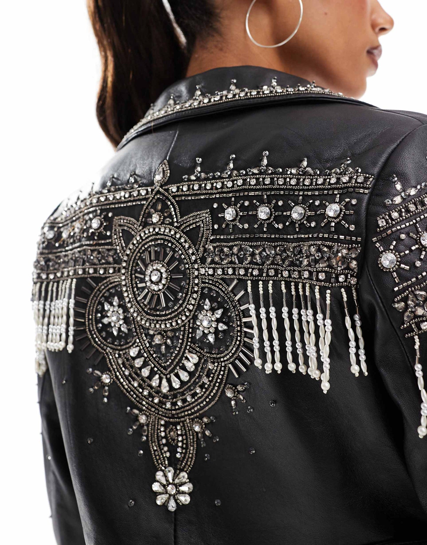 Leather Embellished Crop Biker Jacket