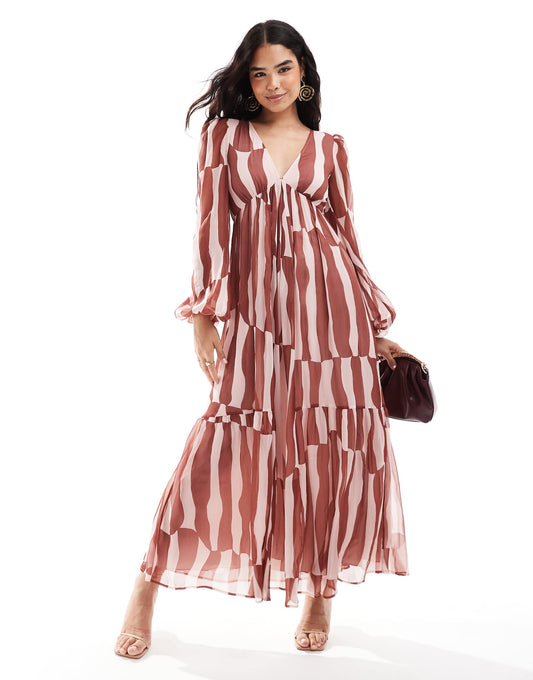 Long Sleeve V Neck Tiered Maxi Dress