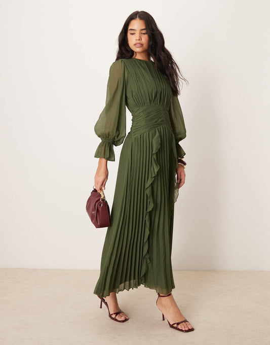 High Neck Ruched Belt Detail Maxi Dress