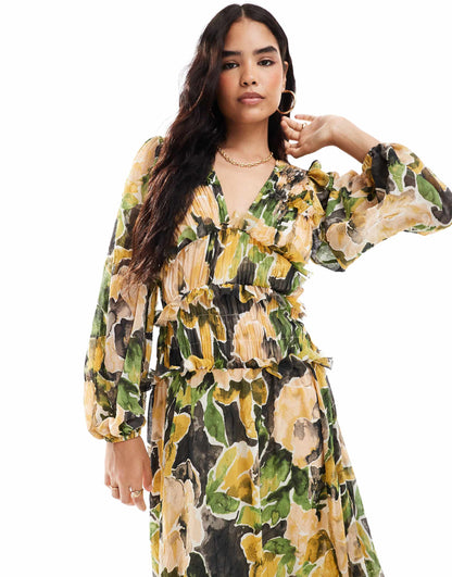 Plunge Neck Midi Dress With Ruffles