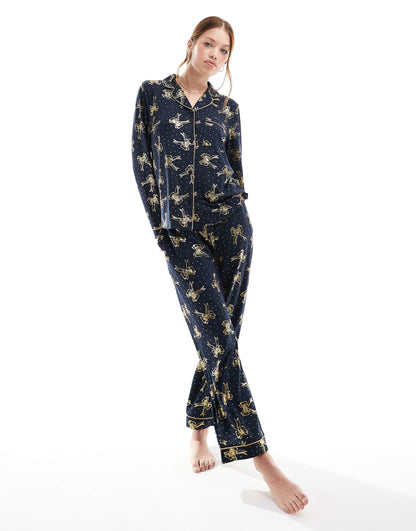 Poly Foil Bow Print Long Sleeve Revere And Trouser Pyjama Set