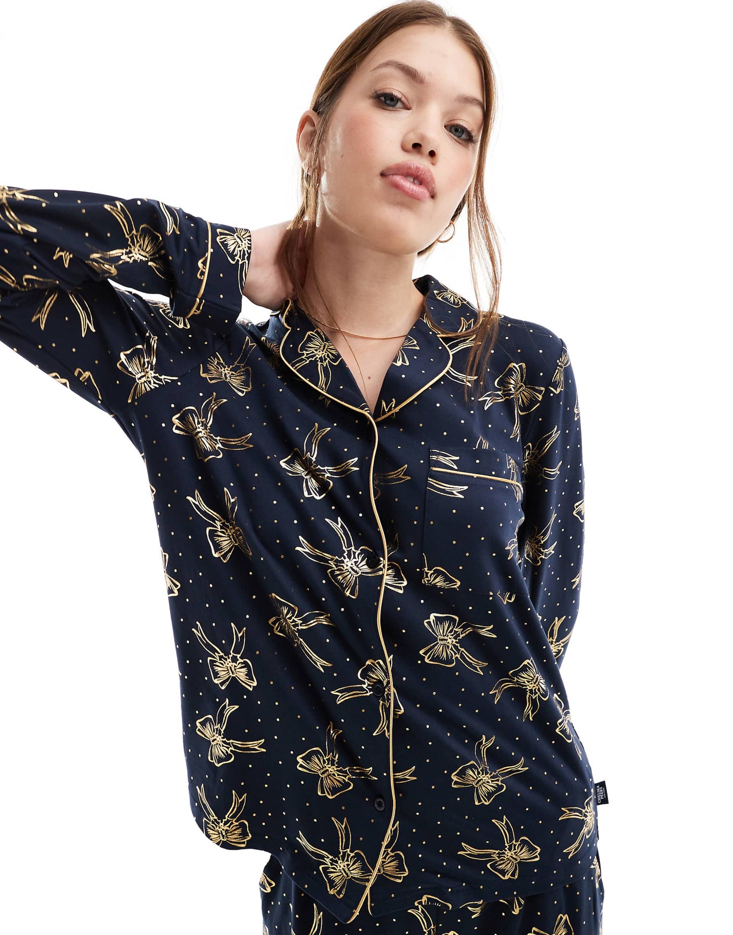Poly Foil Bow Print Long Sleeve Revere And Trouser Pyjama Set