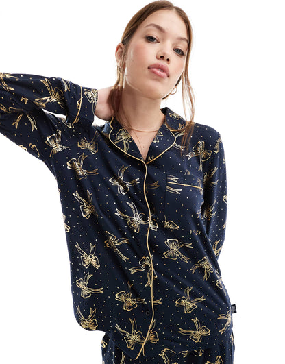 Poly Foil Bow Print Long Sleeve Revere And Trouser Pyjama Set