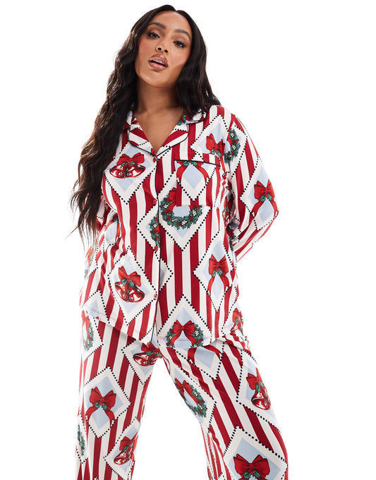 Curve Poly Chsitmas Vintage Print Long Sleeve Revere And Trouser Pyjama Set