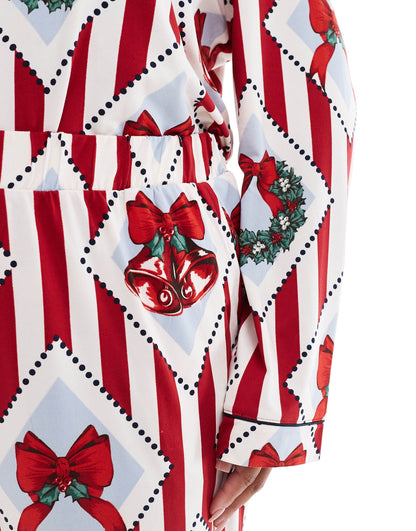 Curve Poly Chsitmas Vintage Print Long Sleeve Revere And Trouser Pyjama Set