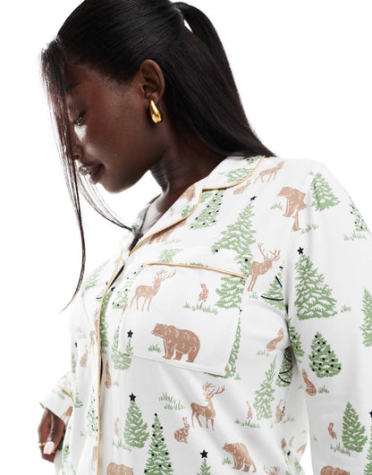 Exclusive Curve Christmas Print Long Sleeve Top And Trouser Pyjama Set