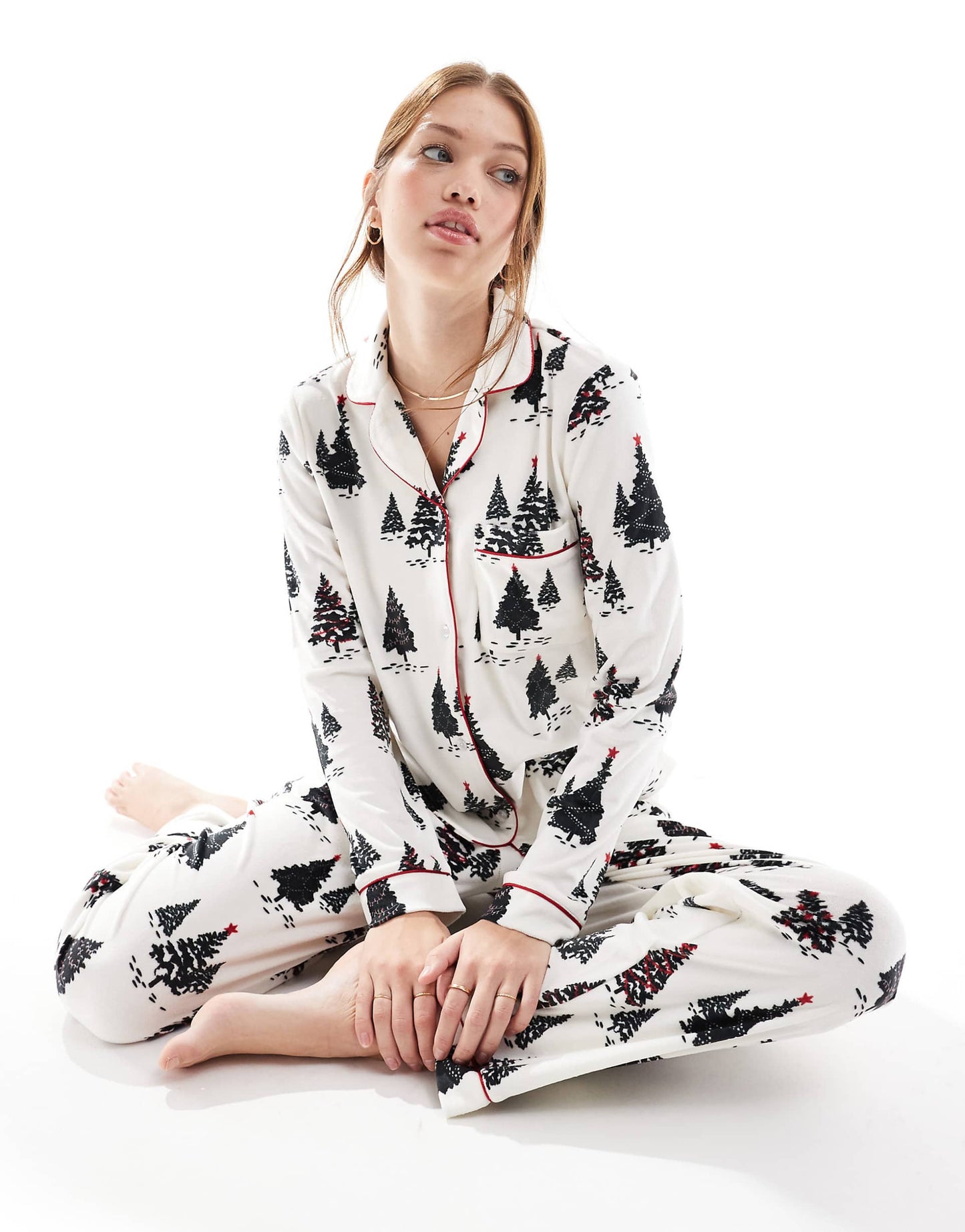 Velour Christmas Tree Print Top And Trouser Pyjama Set