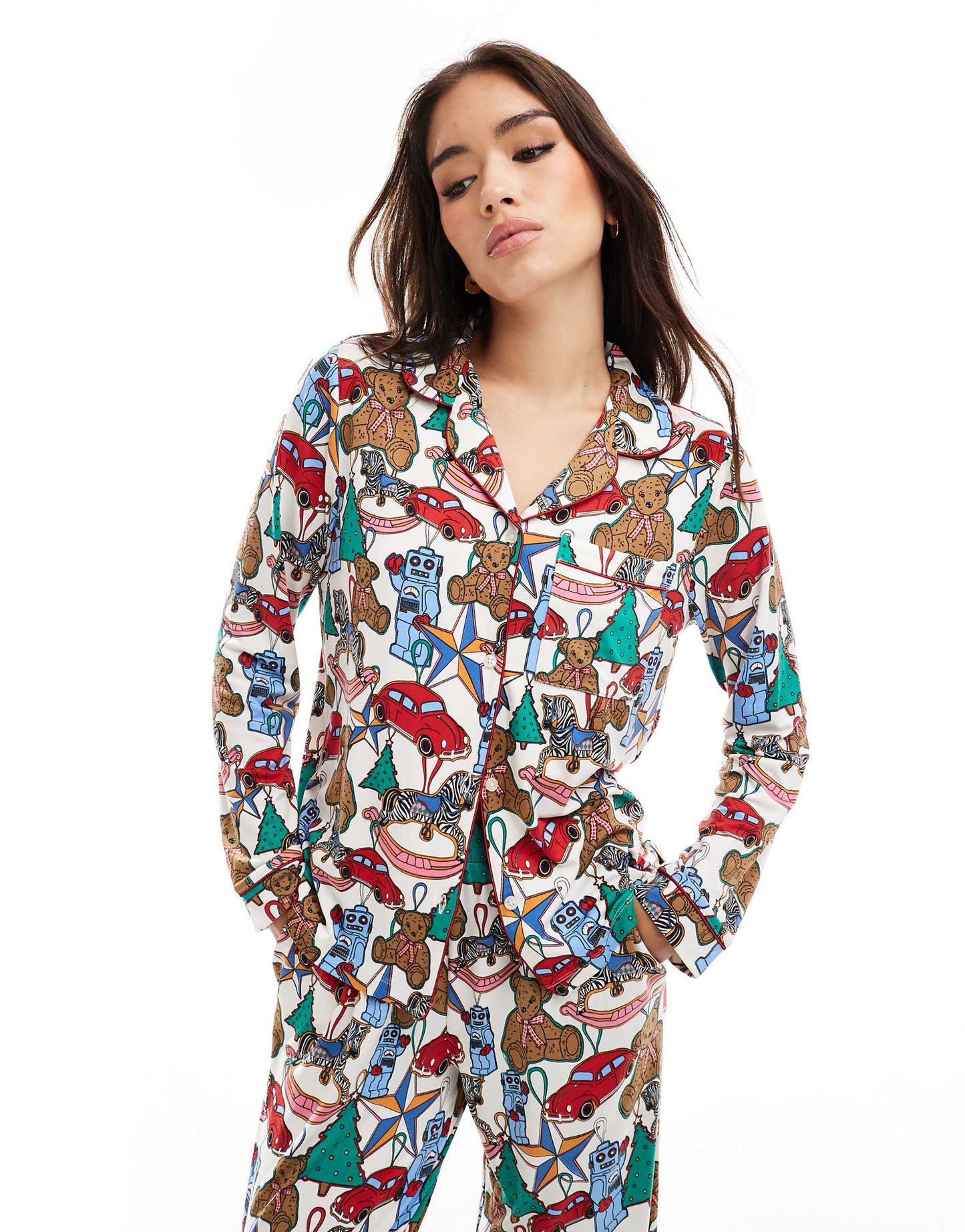 Poly Christmas Toy Bauble Print Satin Long Sleeve Revere And Trouser Pyjama Set
