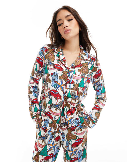 Poly Christmas Toy Bauble Print Satin Long Sleeve Revere And Trouser Pyjama Set