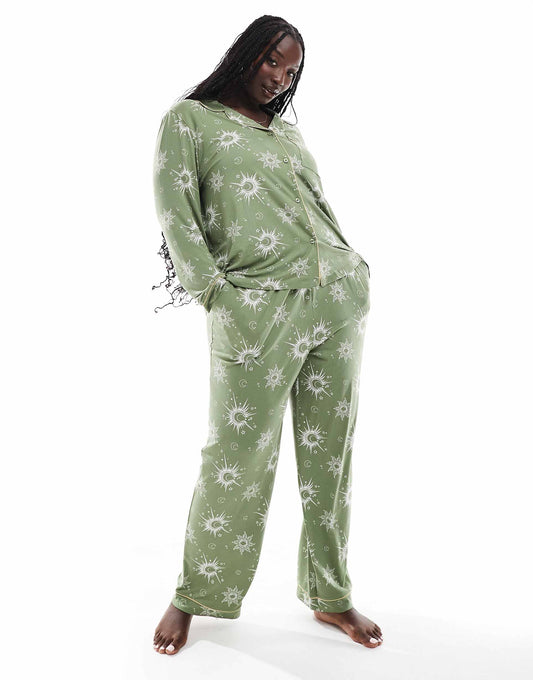Curve Poly Gold Celstial Print Long Sleeve Revere And Trouser Pyjama Set