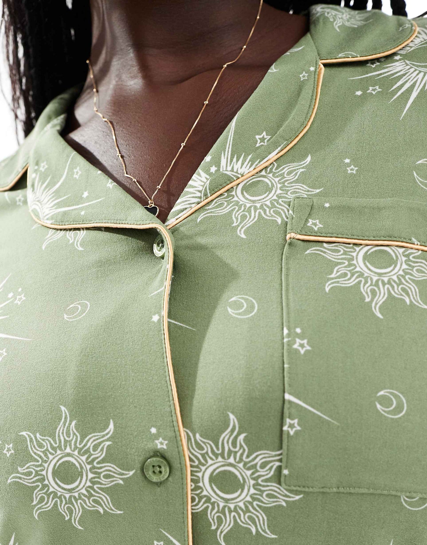 Curve Poly Gold Celstial Print Long Sleeve Revere And Trouser Pyjama Set