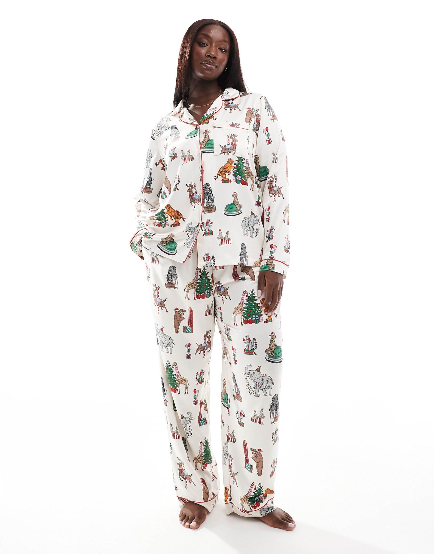 Curve Christmas Satin Circus Print Long Sleeve Top And Trouser Pyjama Set