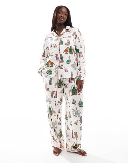 Curve Christmas Satin Circus Print Long Sleeve Top And Trouser Pyjama Set