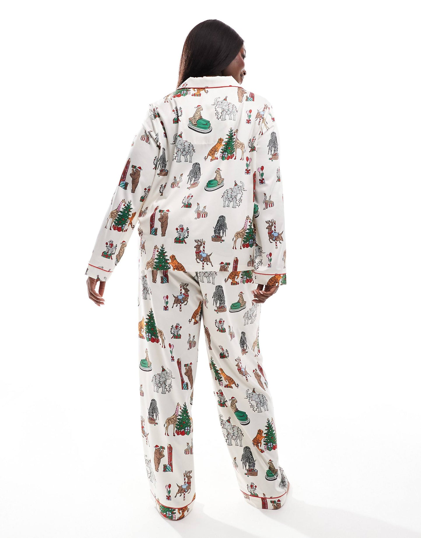 Curve Christmas Satin Circus Print Long Sleeve Top And Trouser Pyjama Set