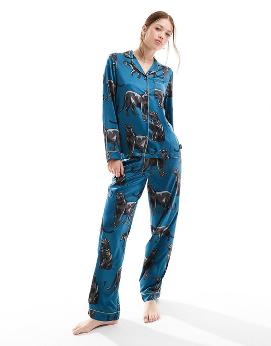 Satin Panther Print Button Top And Trouser Pyjama Set