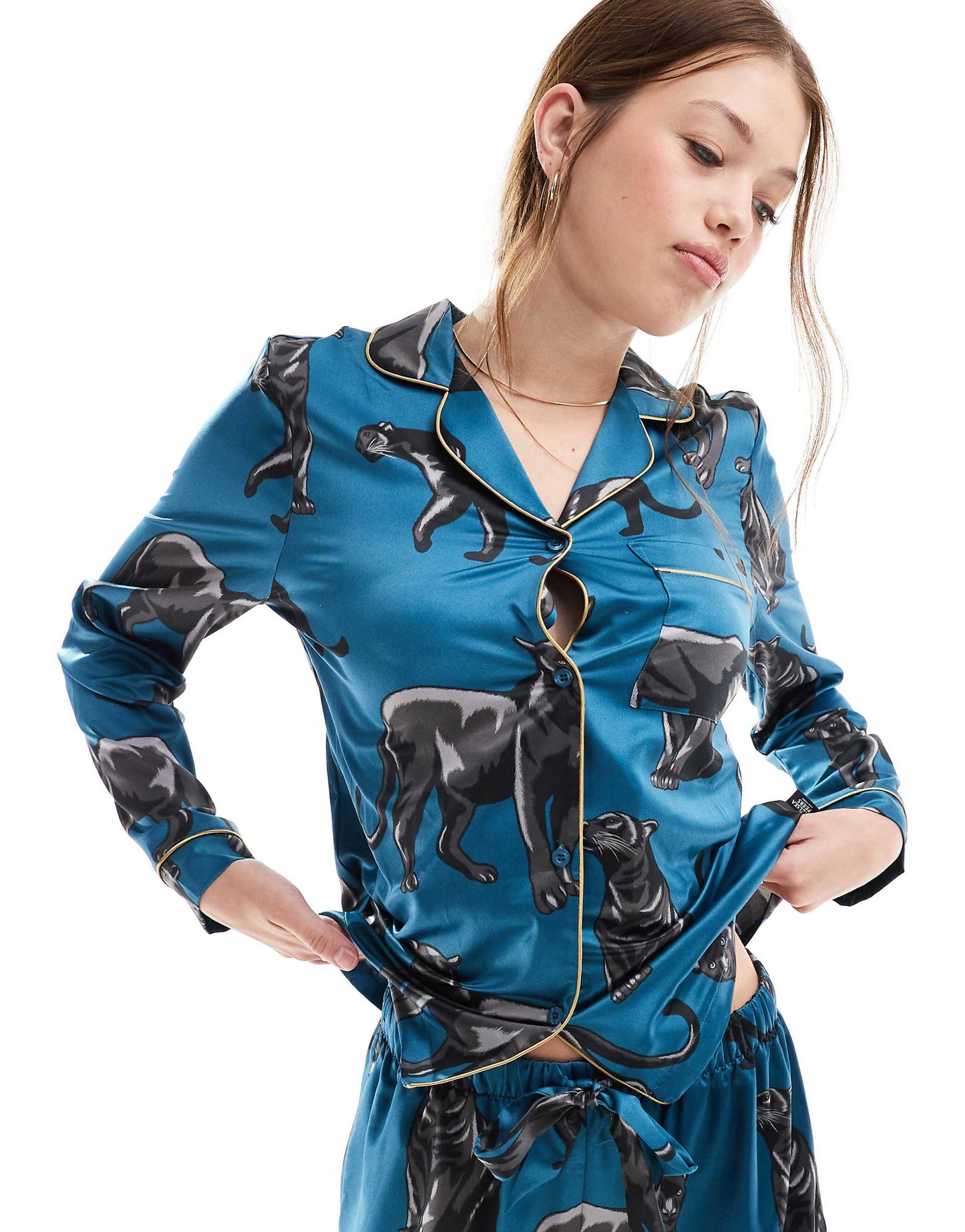 Satin Panther Print Button Top And Trouser Pyjama Set