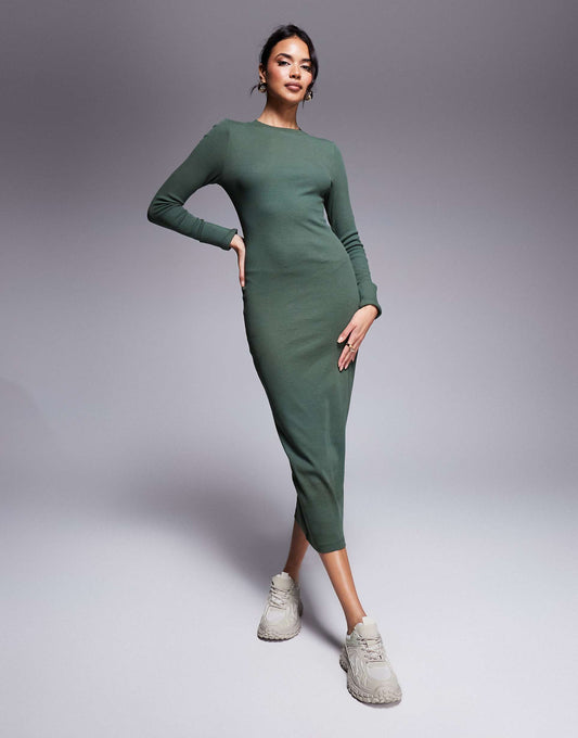 Ribbed Crew Neck Turn Cuff Midi Dress