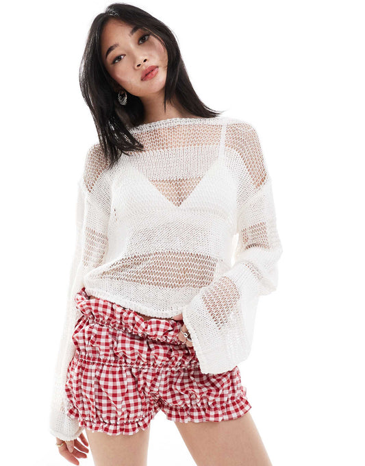 Long Sleeve Loose Knitted Top With Sheer Stripes