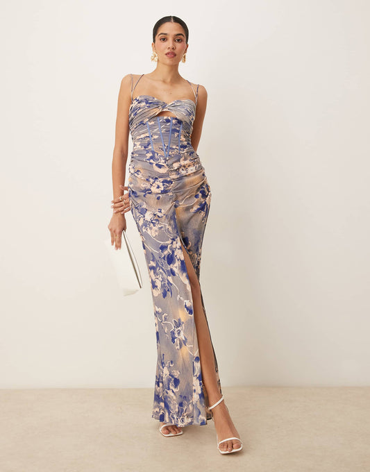 Ruched Corset Maxi Dress With Ruffle Skirt And Strap Details