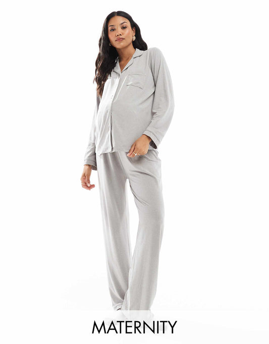 Maternity Super Soft Jersey Revere Top And Wide Leg Pyjama Set With Piping Detail
