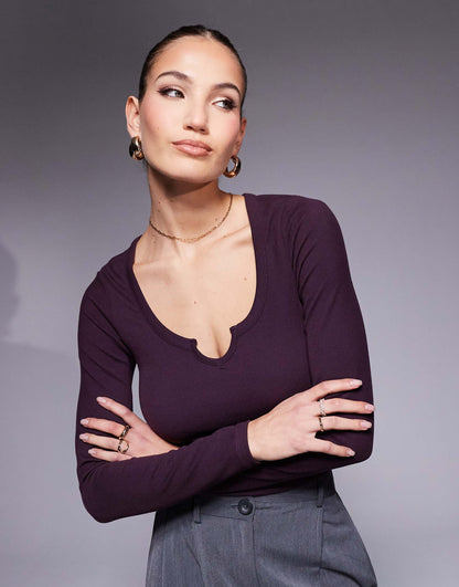 Long Sleeve Ribbed Top With Notch Detail