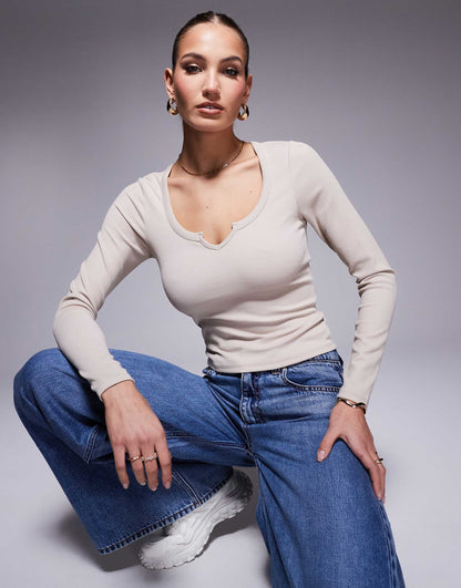 Long Sleeve Ribbed Top With Notch Detail