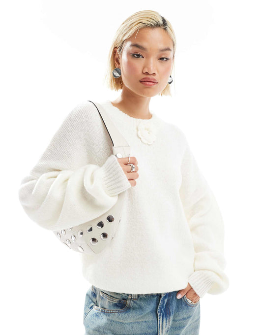 Relaxed Knitted Jumper With Rosette Detail