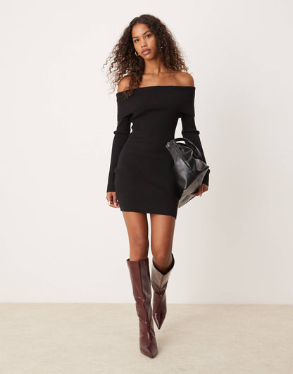 Off Shoulder Black Knitted Mini Dress