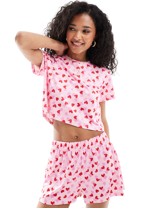Heart Print Jersey Pyjama T Shirt And Short Set