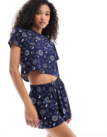 Celestial Print Jersey Pyjama T Shirt And Short Set