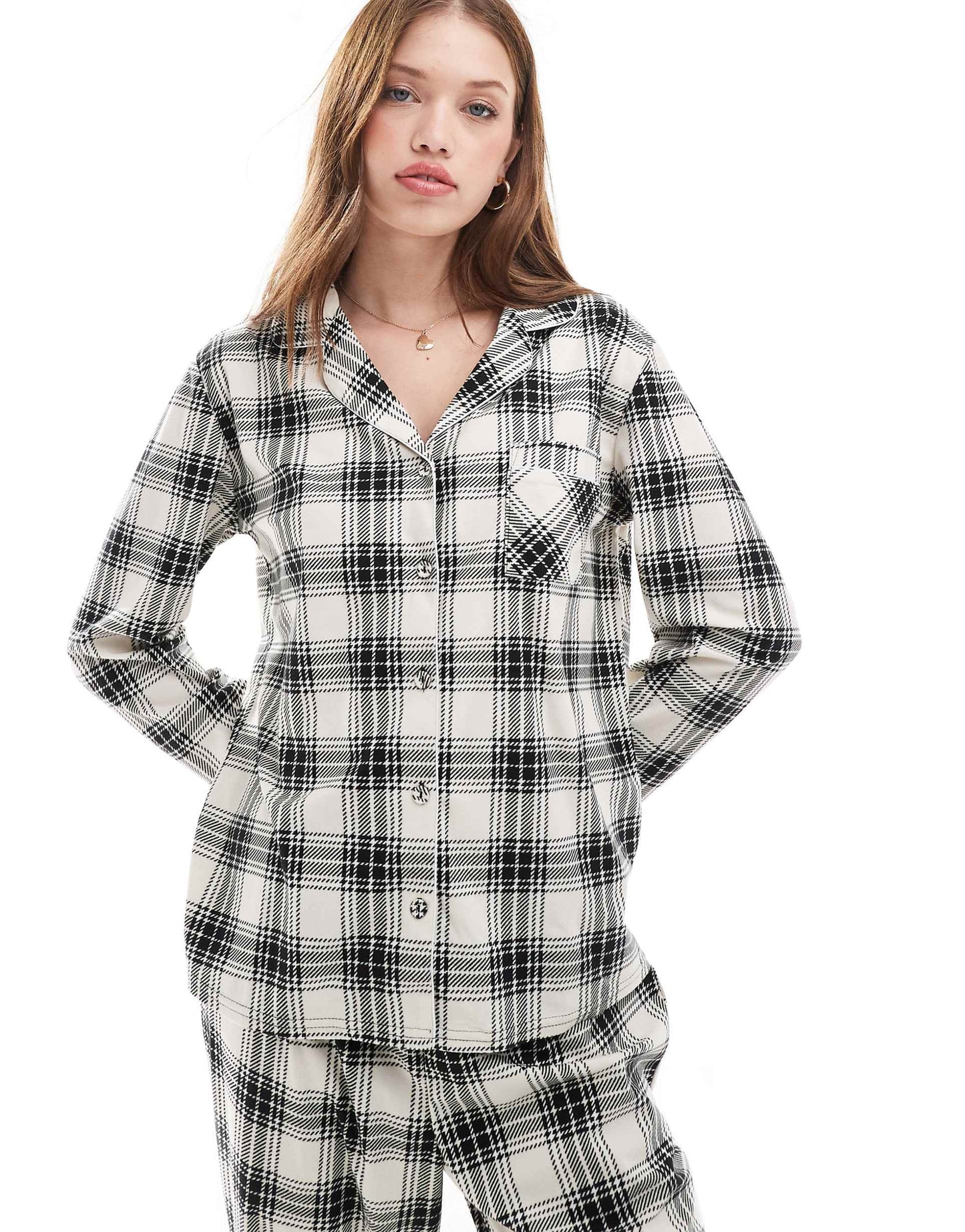 Check Micro Fleece Button Long Sleeve Pyjama Set